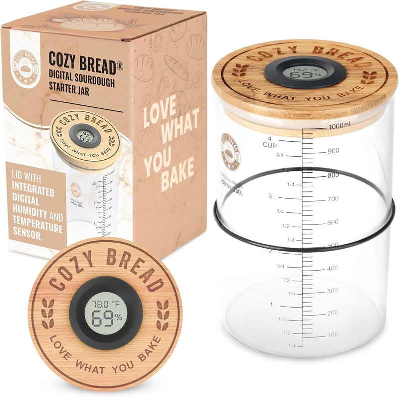 Cozy Bread ® Digital Sourdough Starter Jar – 34oz Glass Fermentation Jar with Digital Temperature & Humidity Sensor | Perfect for Growing Sourdough Starter | USA Brand - Image 1
